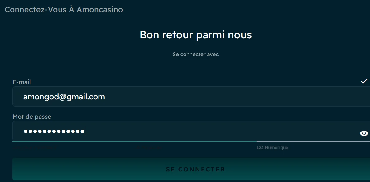 Amoncasino, formulaire de connexion